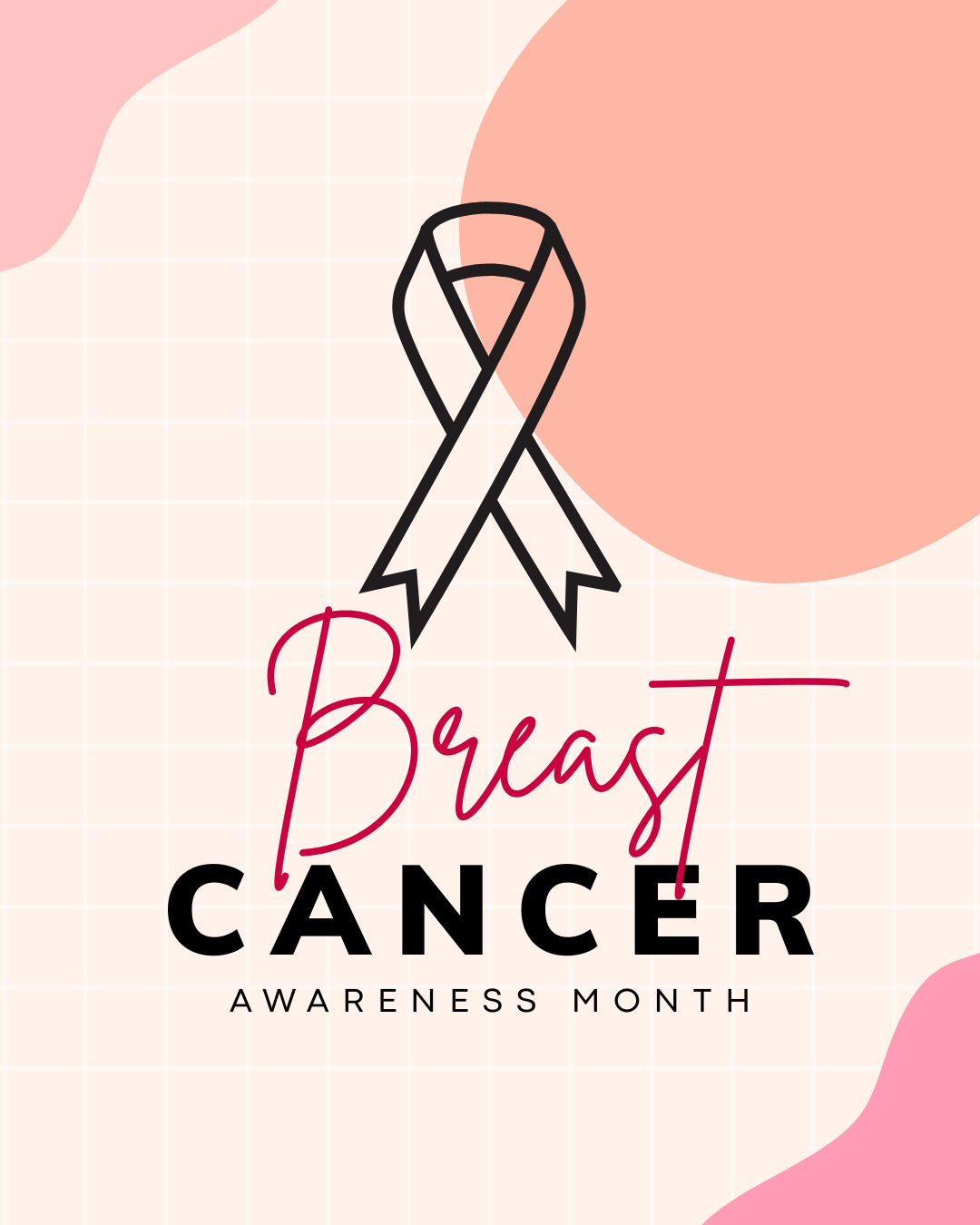 Cancer Awareness Month graphic on a soft cream background with a subtle grid pattern and abstract blush pink and peach organic shapes in the corners. A large outline illustration of a breast cancer awareness ribbon in black. Beneath the ribbon, "Breast" is written in large red Brittany font, followed by "CANCER" in bold black uppercase text, and "AWARENESS MONTH" in smaller spaced uppercase lettering beneath.