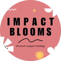 Circle Logo graphic for Impact Blooms on a coral pink background. Bold black uppercase spaced lettering reads "Impact Blooms" across two lines. Beneath, a black wavy underline leads to the tagline "Structure. Support. Strategy" in smaller black text. The background is decorated with playful abstract shapes, including a small white squiggle in the upper left, a yellow four-pointed star in the upper centre,  a white geometric flower in the top right, a white abstract angular shape with black dot details in the bottom left, a yellow starburst in the bottom centre, and a white flower shape in the bottom right.