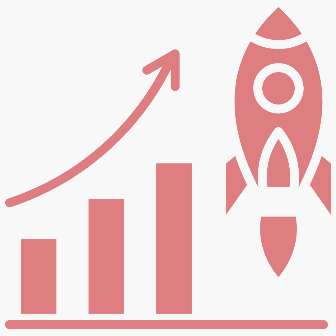 A simple flat icon illustration in muted rose pink on a white background, depicting a rocket launching upward alongside a rising bar chart. Three ascending bars sit on a baseline, with a curved arrow sweeping upward and to the right, symbolising growth. A rocket ship with a circular porthole window and visible flames from its engine is shown launching upwards. 